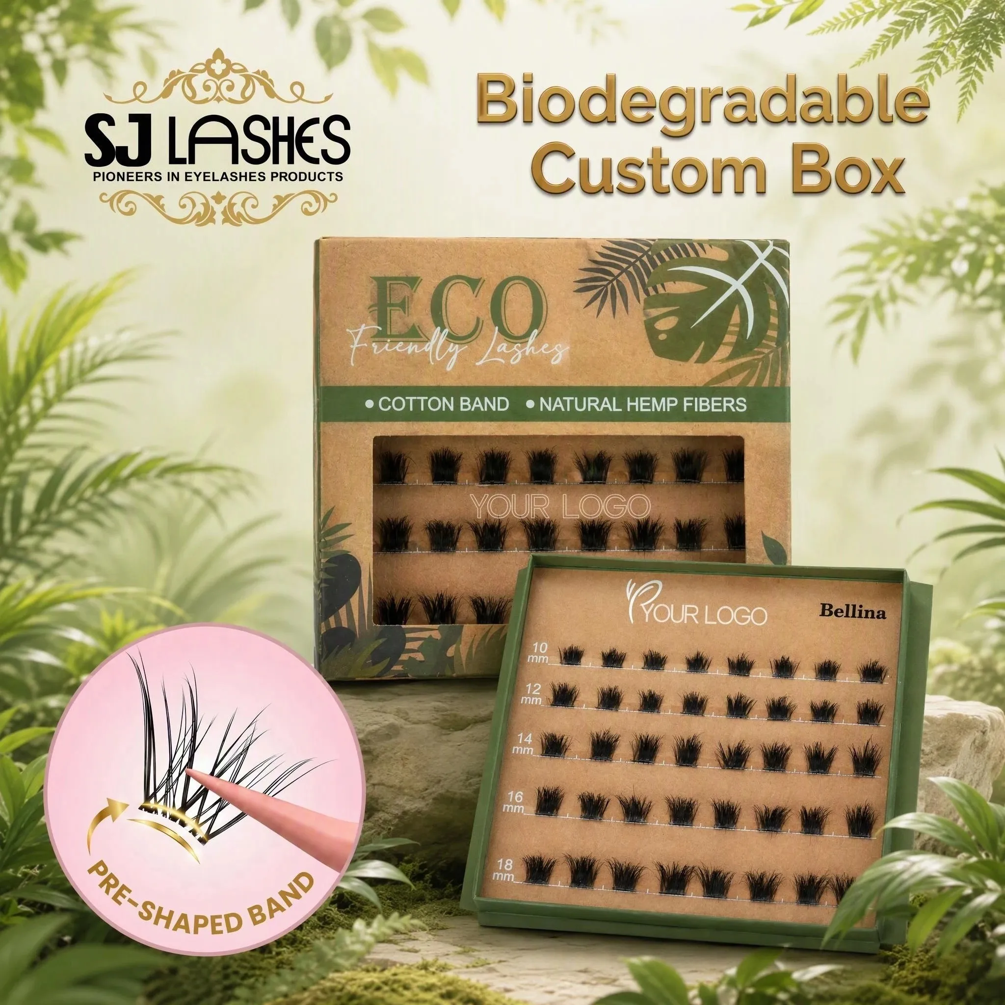 Open kraft eco lash box with green tray frame showing five rows of pre-curved band clusters labelled 10mm 12mm 14mm 16mm 18mm, beside the closed kraft window box, on a rock with ferns - kraft lash box millimetre ladder
