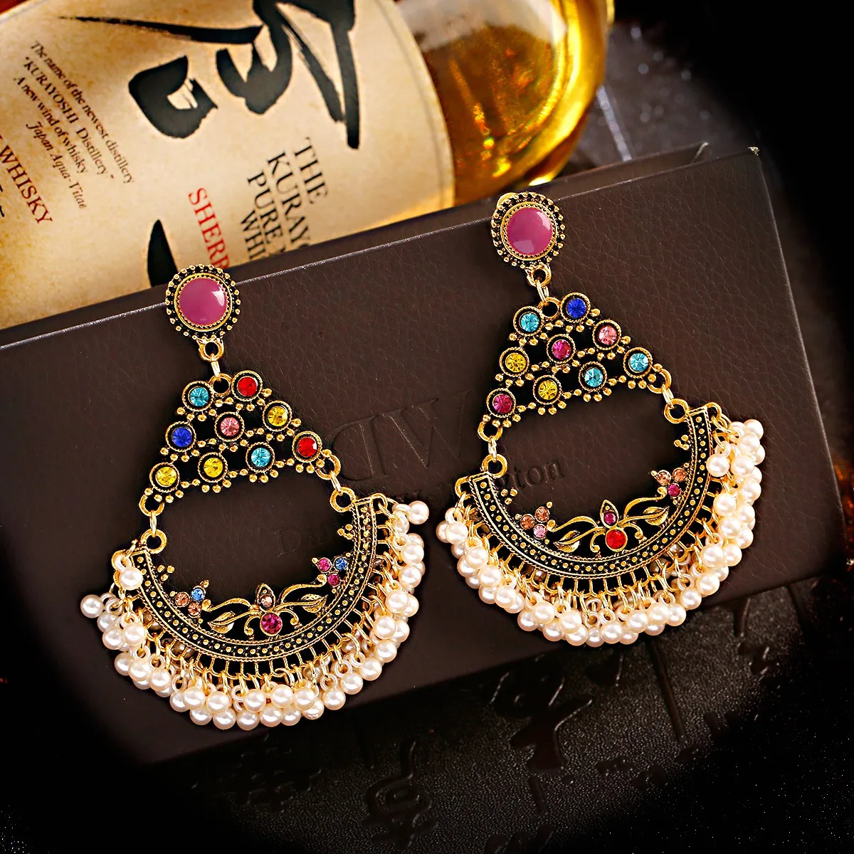 

Women Boho Vintage Antique Gypsy Tribal Indian Oxidized White Pearl Drop Gemstone Jhumka Jhumki Earrings Set Jewelry, Gold
