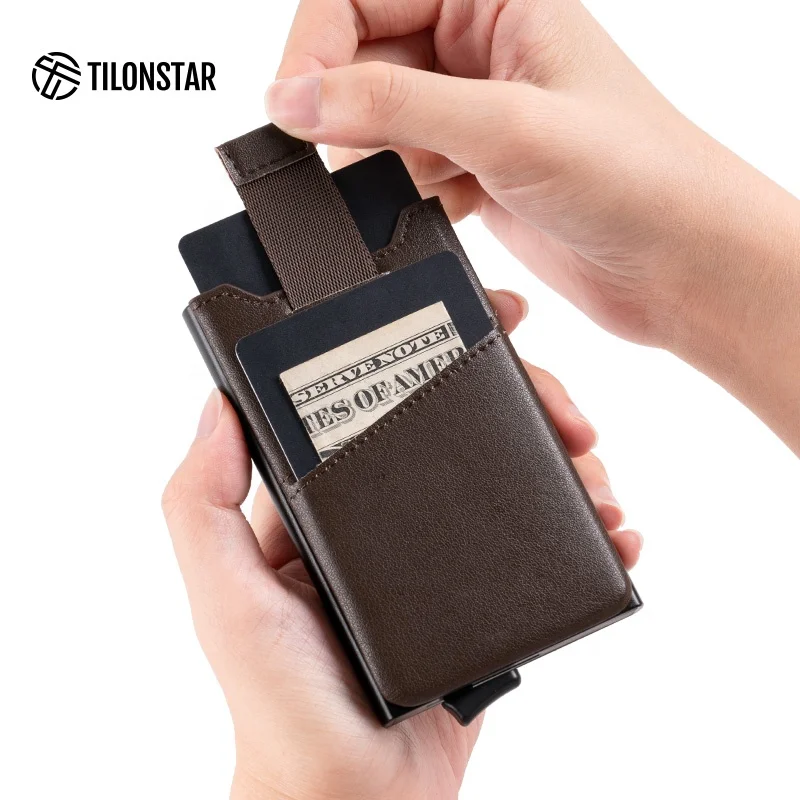 

TILONSTAR Handmade Rfid Blocking Pop Up Card Case Slim Carbon Fiber Wallets Genuine Leather Men Wallet