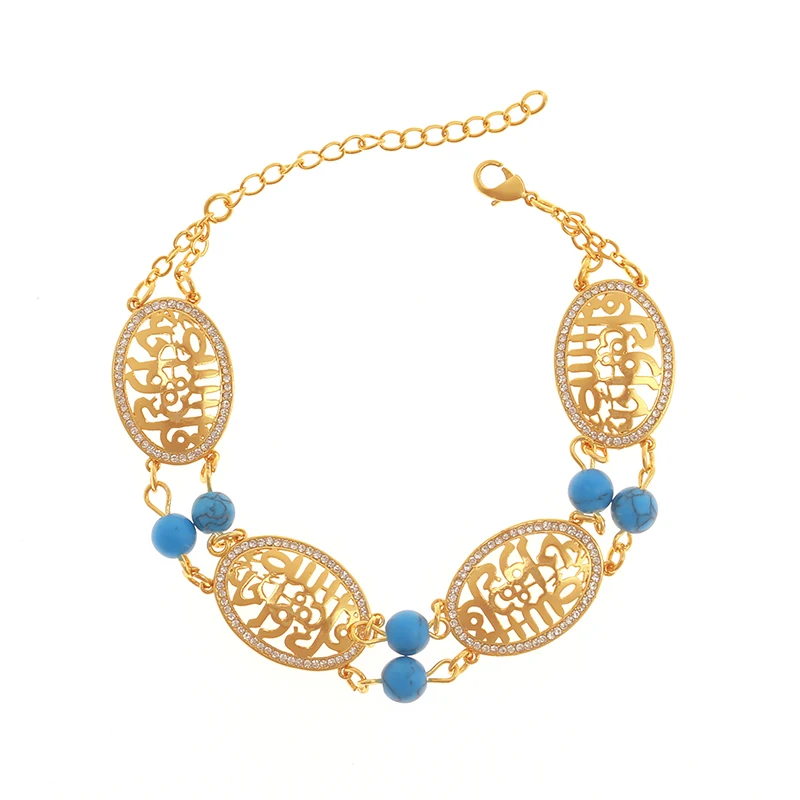 

24k gold plated Bohemian Turquoise Carved Hollow Geometric oval Bracelet Bangle zirconia gemstone link bracelet adjustable lady