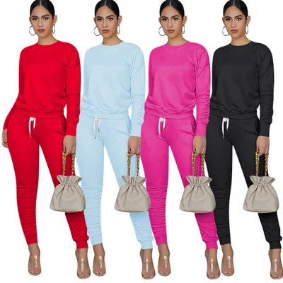 

B53210A Fashion pure color women casual two-piece sports pants set, Red/black/rosy/light blue