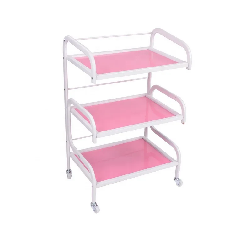 
hot sell three layer glass pink color beauty modern salon trolley 