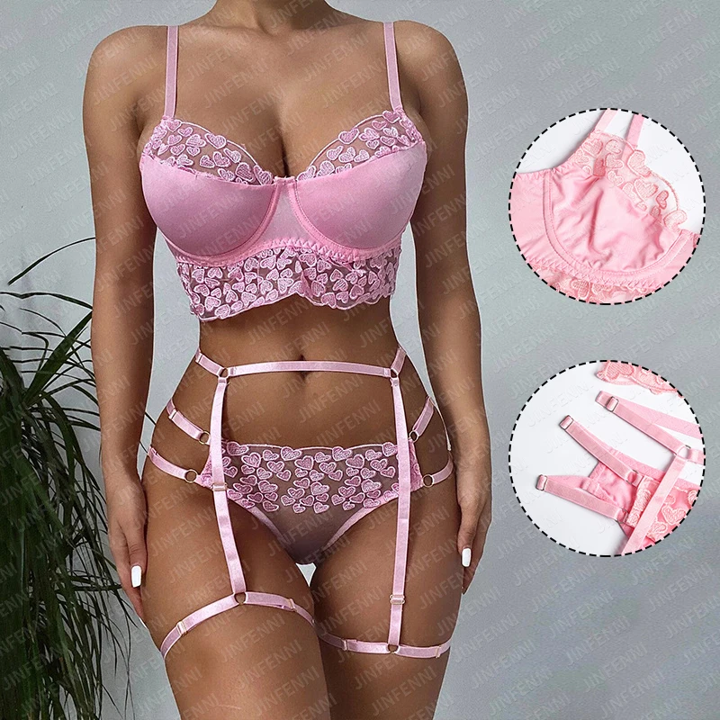 

Hot 4 Piece Japanese Girl Sexy Honeymoon Pink Heart Embroidery Underwire Lingerie-Sexy Transparent Suspender Belt Lingerie Set