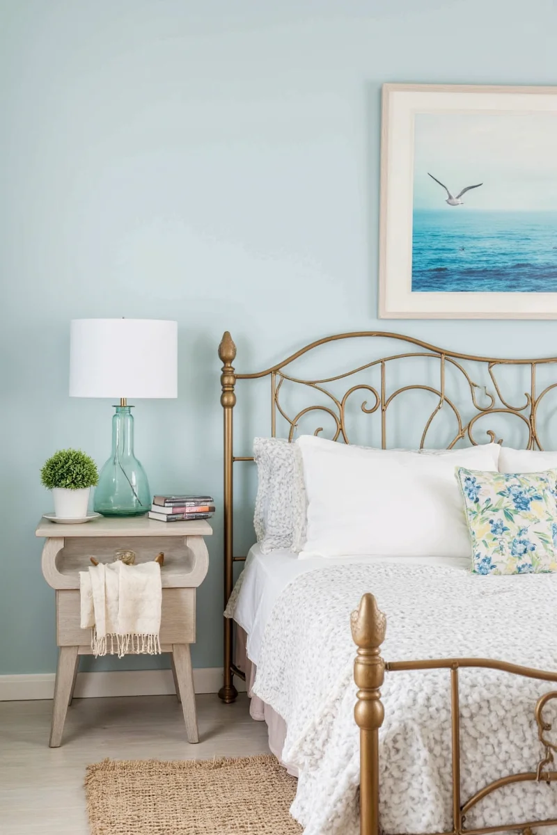 A living room painted in seagull color with white trim