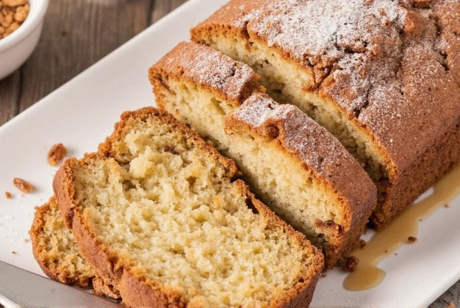 Perfectly sliced cinnamon coffee cake served with coffee on vintage ceramic plate