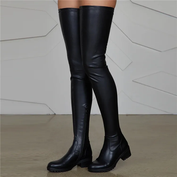 

Black Fleece Lined Flat Heel Women's Over The Knee Plus Size Boots Long Tube Stretch Low Thick Heeled Women's Long Boots