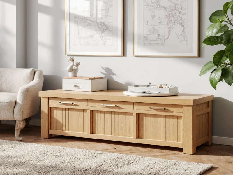 Finished DIY storage bench in living room setting