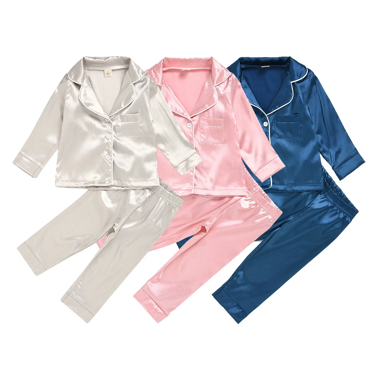

2021 kids pyjamas 100% silk neutral lounge set home clothes pure sleepwear clothing cute satin button up pajama set
