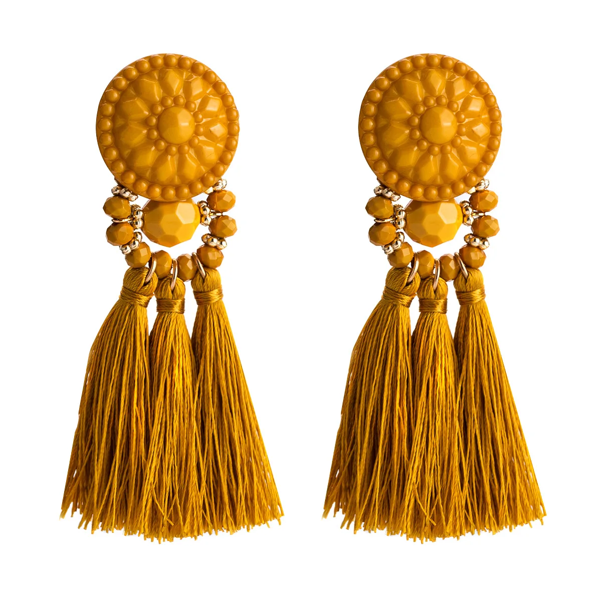 

JUHU 2021 Exaggerated Multi-layer Hand-woven Tassel Alloy Earrings Resin Stud Earrings Bohemia Jewelry For Women, Gold