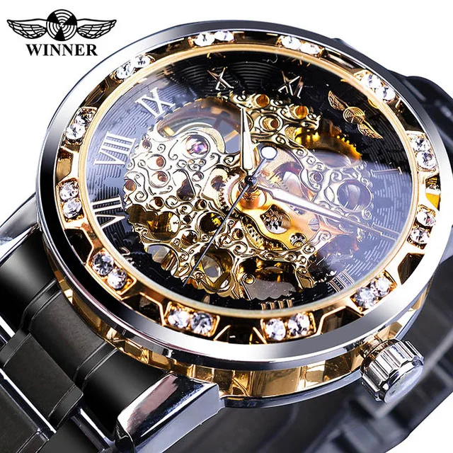 

Winner Brand Men Watches Transparent Fashion Diamond Luminous Gear Movement Design Luxury Male Mechanical Skeleton Wrist Watch, 5-colors