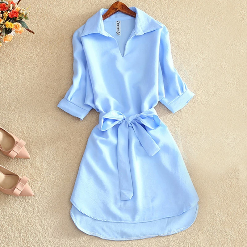 

Shirts 2019 Summer Casual Dress Fashion Office Lady Solid Red Chiffon Dresses For Women Sashes Tunic Ladies Vestidos Femme