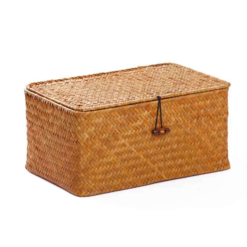 

013L-R India Seagrass Products Weaving Storage Basket Seagrass Box With Lid, Khaki,natual color,orange,white