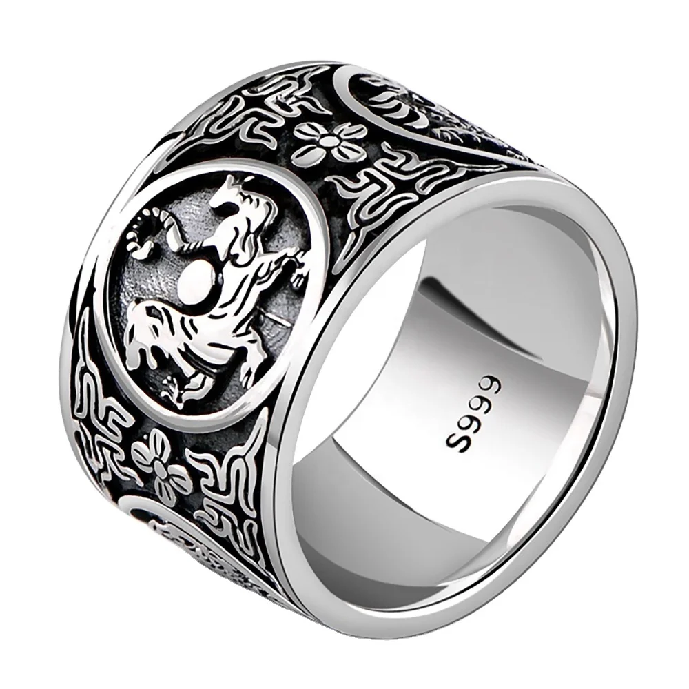 

999 Sterling Silver Vintage Jewelry 4 Creatures Dragon Tiger Bird Turtle Chinese Traditional Culture Men Rings