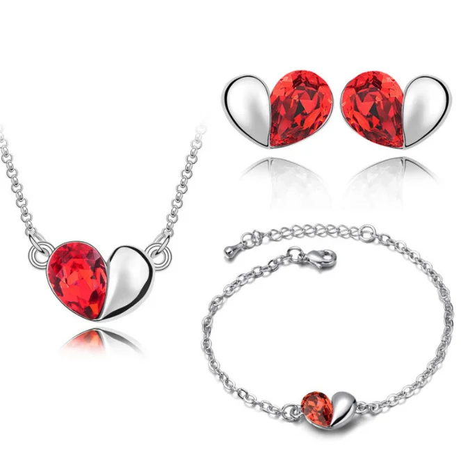 

Austrian crystal love necklace heart red diamond earring 3pcs/set jewelry