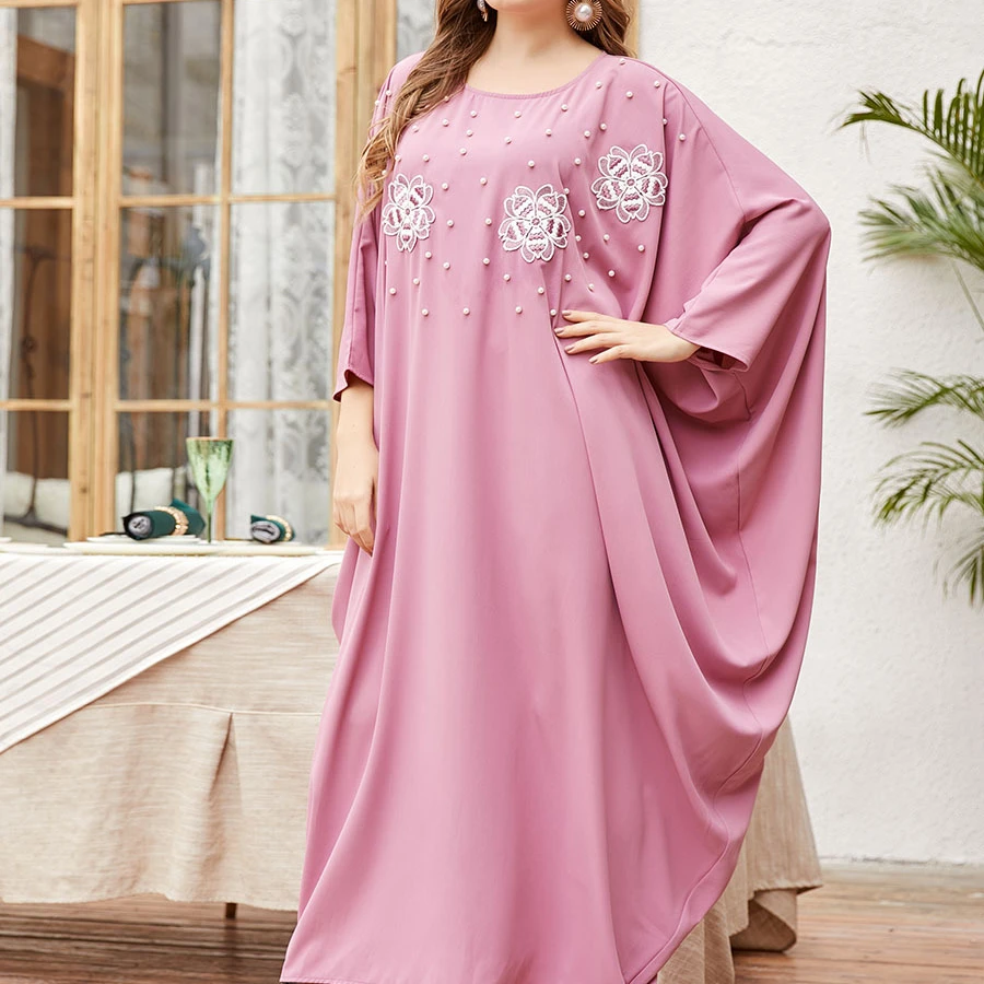 

YHM0069 Large size loose pink bead embroidery bat sleeve robe long sleeve women's dress