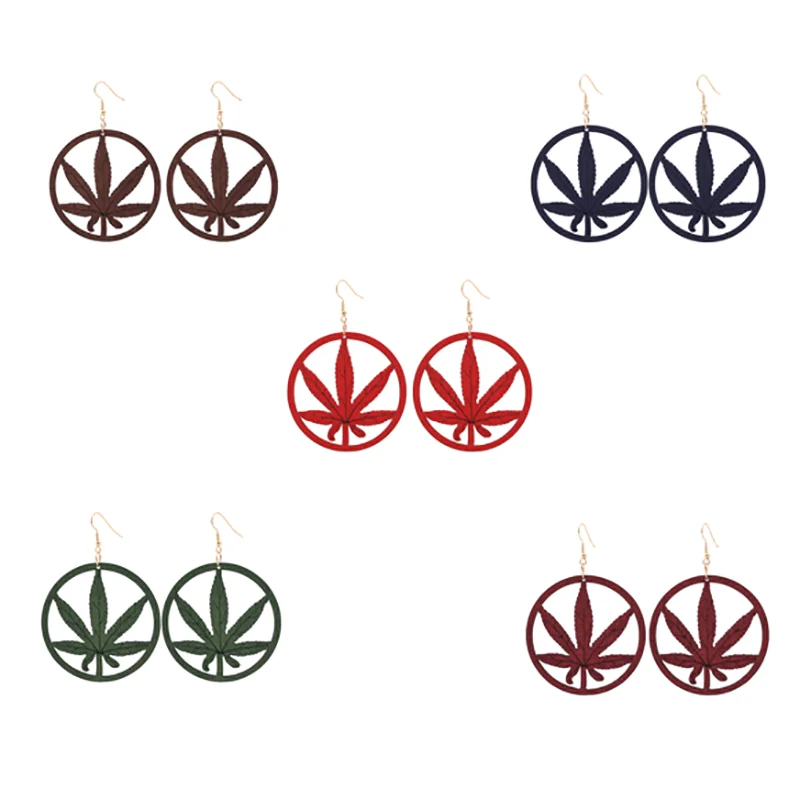 

Fashion round wood hoop earrings retro brown hollow hook jewelry earring handmade wooden plant maple leaf earrings for women