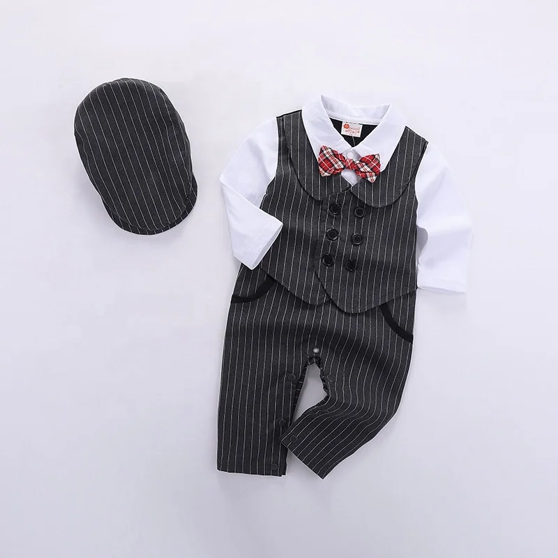 

Newborn Baby Boy Suit Formal Clothes Baptism Gentleman Tuxedo Outfits Cotton Rompers with Bow Tie