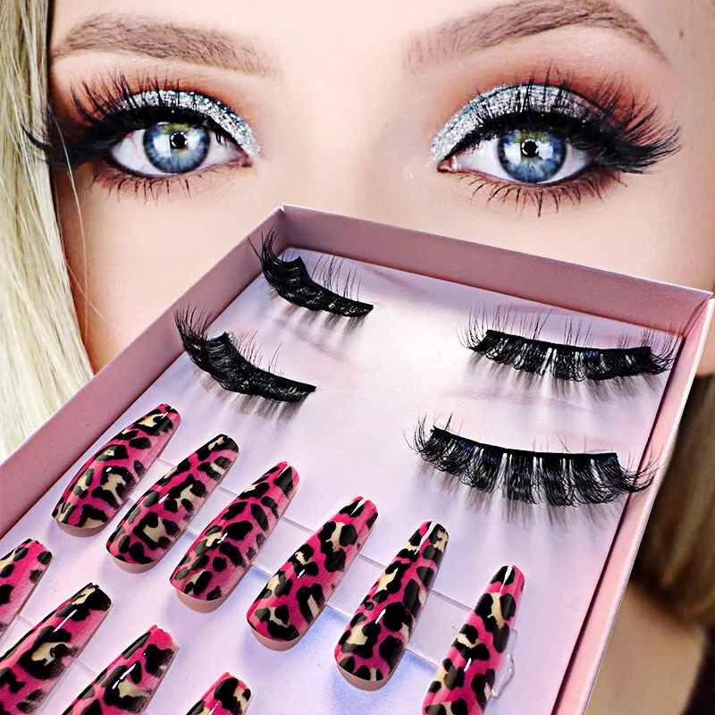 

Hot Sale 2023 Luxury Press On Medium Fake Bling Nails And False Lashes Mink Eyelash Set Kit With Custom Packaging