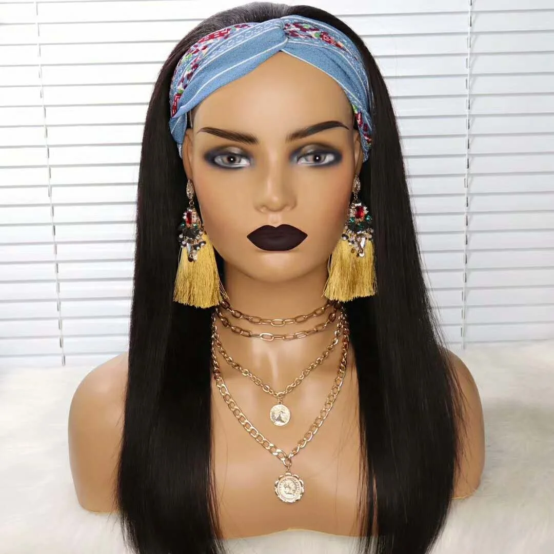 

free shipping Headband straight Wig Water Wave Glueless Wigs With Pre-attached Scarf Non Lace Front Wigs for black women, Solid and ombre