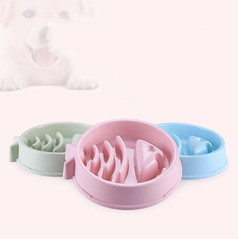 

Secure hot selling colors pp pet food water bowl raised fish bone shape dog slow feeder fancy anti spill dog plate bowls, Pink blue green
