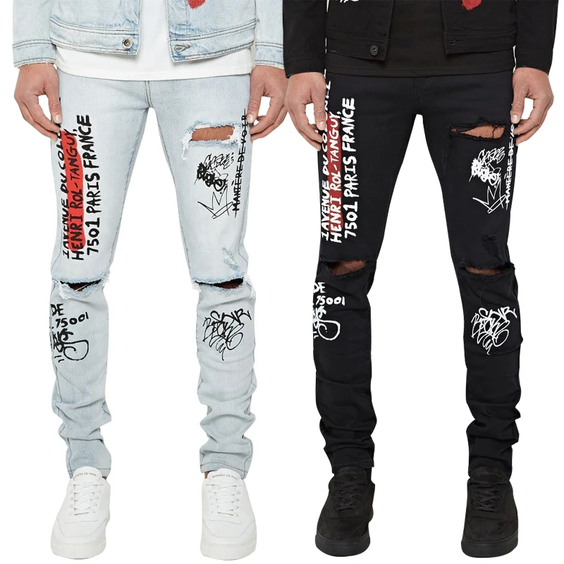 

Ripped Jeans Hot Style Summer Graffiti Stretch Slim Denim Trousers