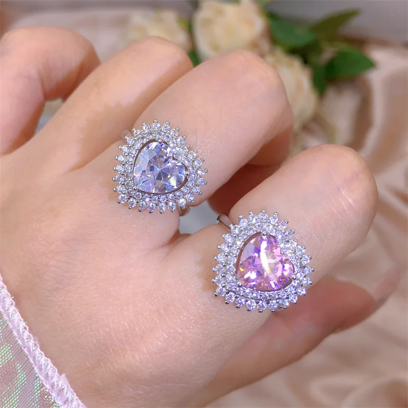 

Luxury Super Sparkling Large Pink Zircon Heart Ring For Women Personalized Engagement Princess Diamond Zircon Rings