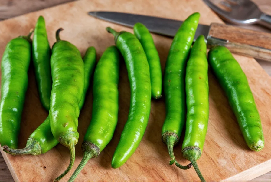 Fresh Hatch green chilies on wooden cutting board with roasting equipment