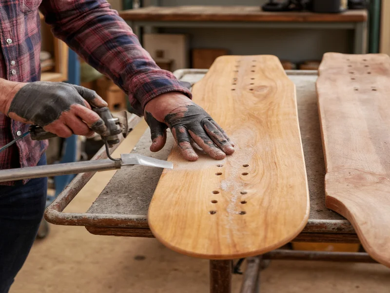 Reclaimed wood skateboard deck during sanding process