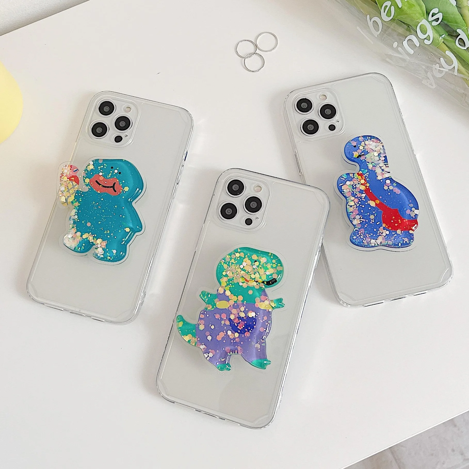 

3D Cartoon Dinosaur Airbag Quicksand Rack Grip Finger Stand Holder Phone Case for iphone 12 Clear Case Phone Socket