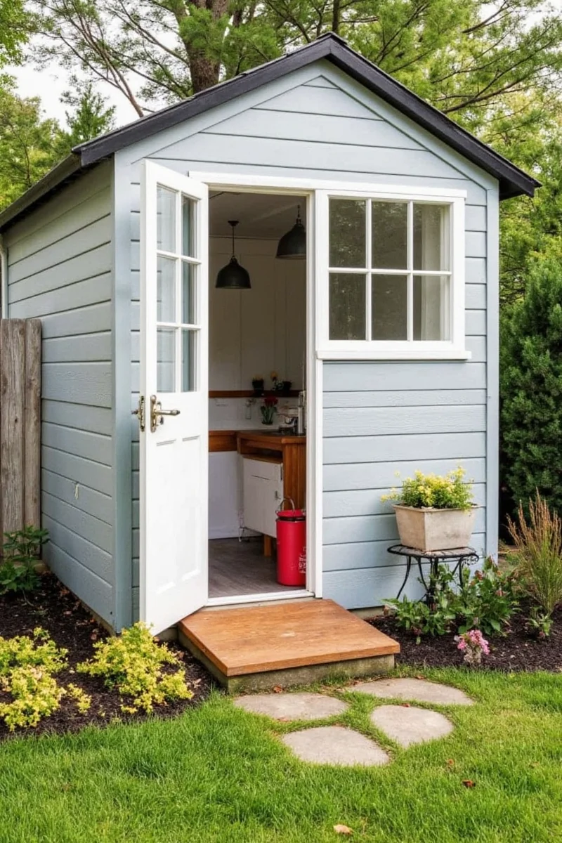 Tiny reading nook inside a shed