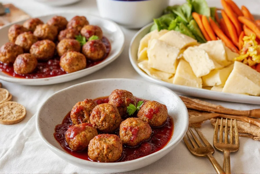 Party table setting featuring meatballs in grape jelly chili sauce alongside cheese platter and vegetable crudités