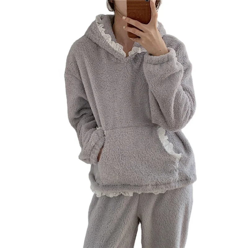 

women winter night wear hooded long sleeve flannel housewear Pajamas Set