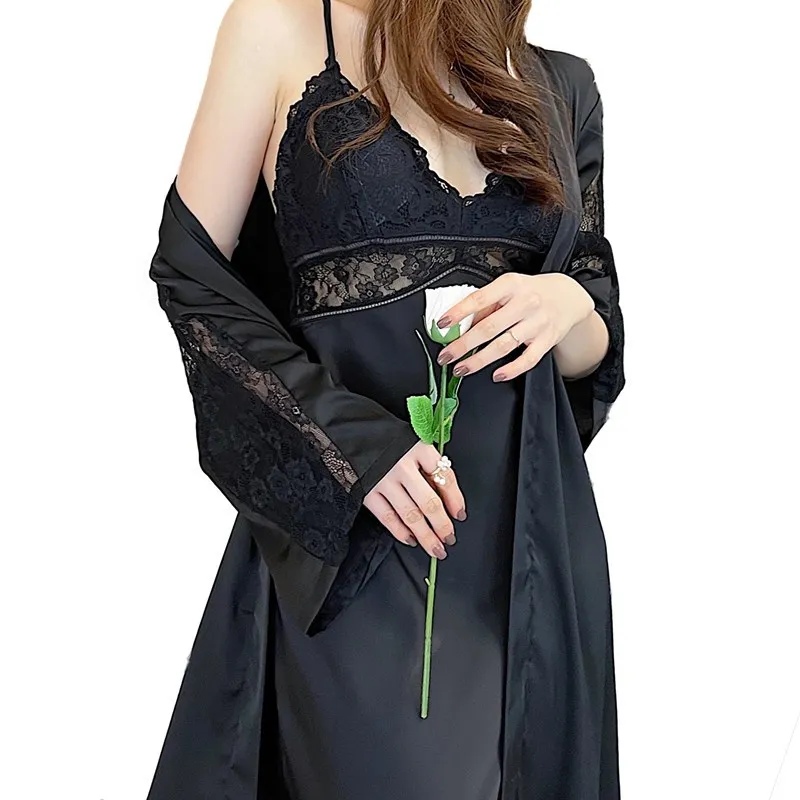 

3 Pieces Women Pajamas Sets Faux Silk Pajamas Sleepwear Sets Embroidery Lace Bath Gown Wedding Night Dress Robe With Belt