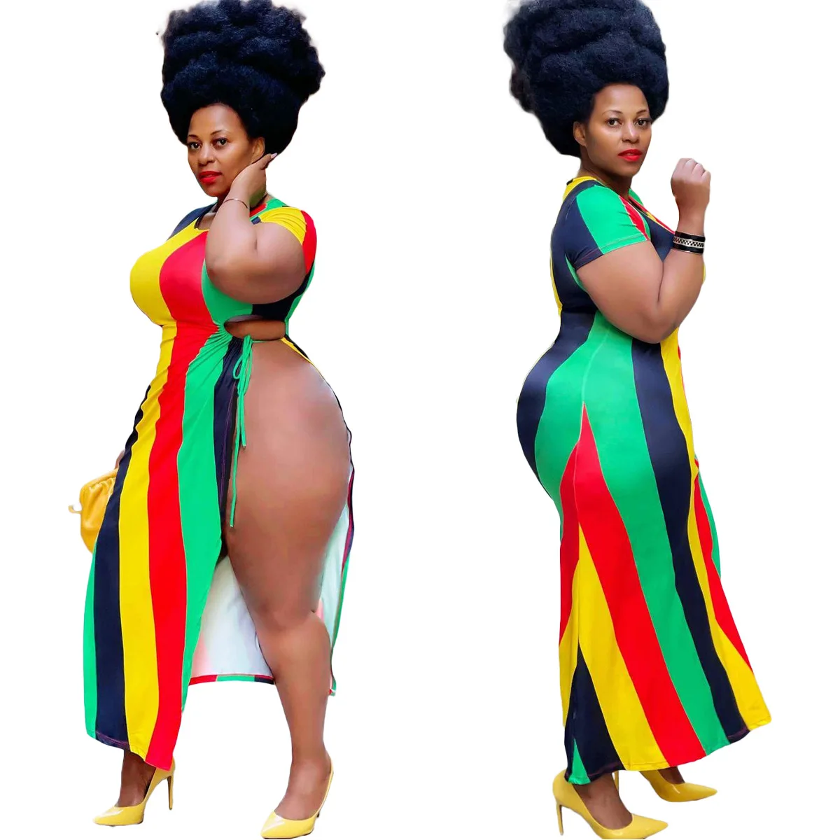 

S965 Summer New Style Plus Size Women'S Fashion Striped Printed Dress With Slits