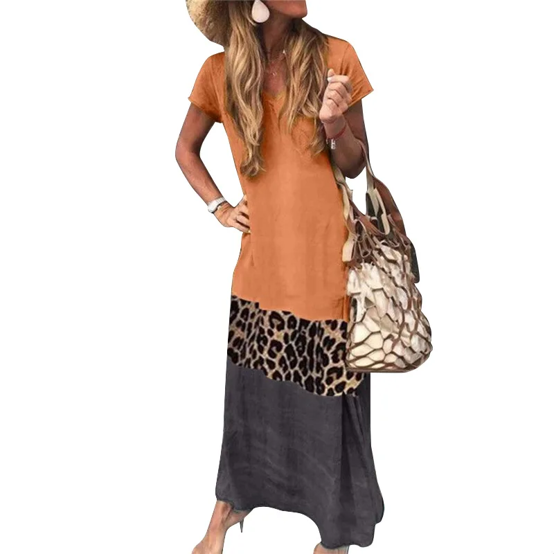 

Amazon top seller Simple loose leopard print Short-sleeved plus size long causal dresses, Customized color/as show