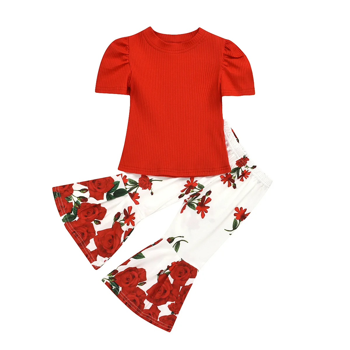 

Short sleeve pure cotton knitted hole striped lantern stretch flower printed pleated bell bottom trousers girls clothes for 2021, As pic shows, we can according to your request also