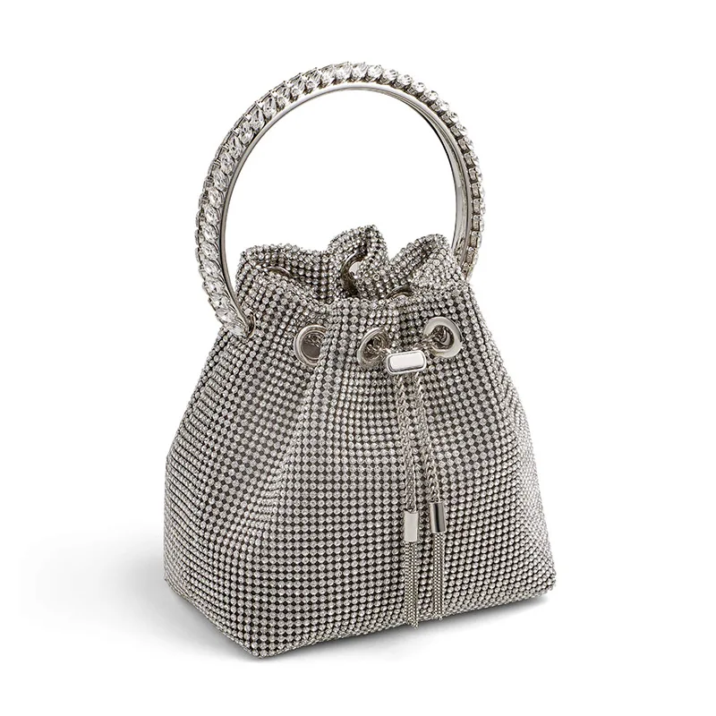 

Diamonds Tassel Women Luxury Designer Chain Metal Ring Handle Shiny Crystal Bucket Purse Bridal Wedding Party Evening Clutch Bag, Silver