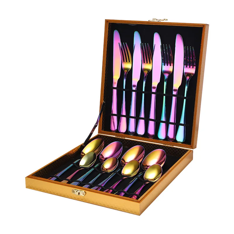 

Wedding Stainless Steel Silverware Flatware Reusable Outdoor Dinner Knife Spoon Fork Gold Cutlery Set With Wooden Box, Gold, rose gold, black , colorful, silver