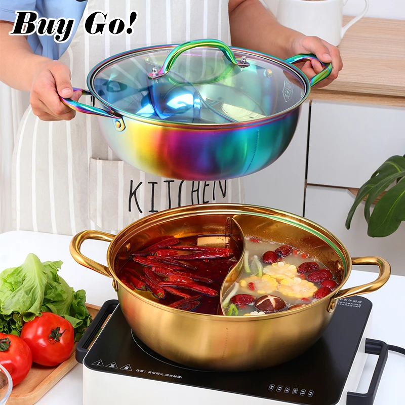 

Restaurant Induction Cooking Pot Divider Shabu Hotpot Stainless Steel Cooking Pot with 2 Compartments, Silver,gold,rose gold,rainbow no.0,rainbow no.3