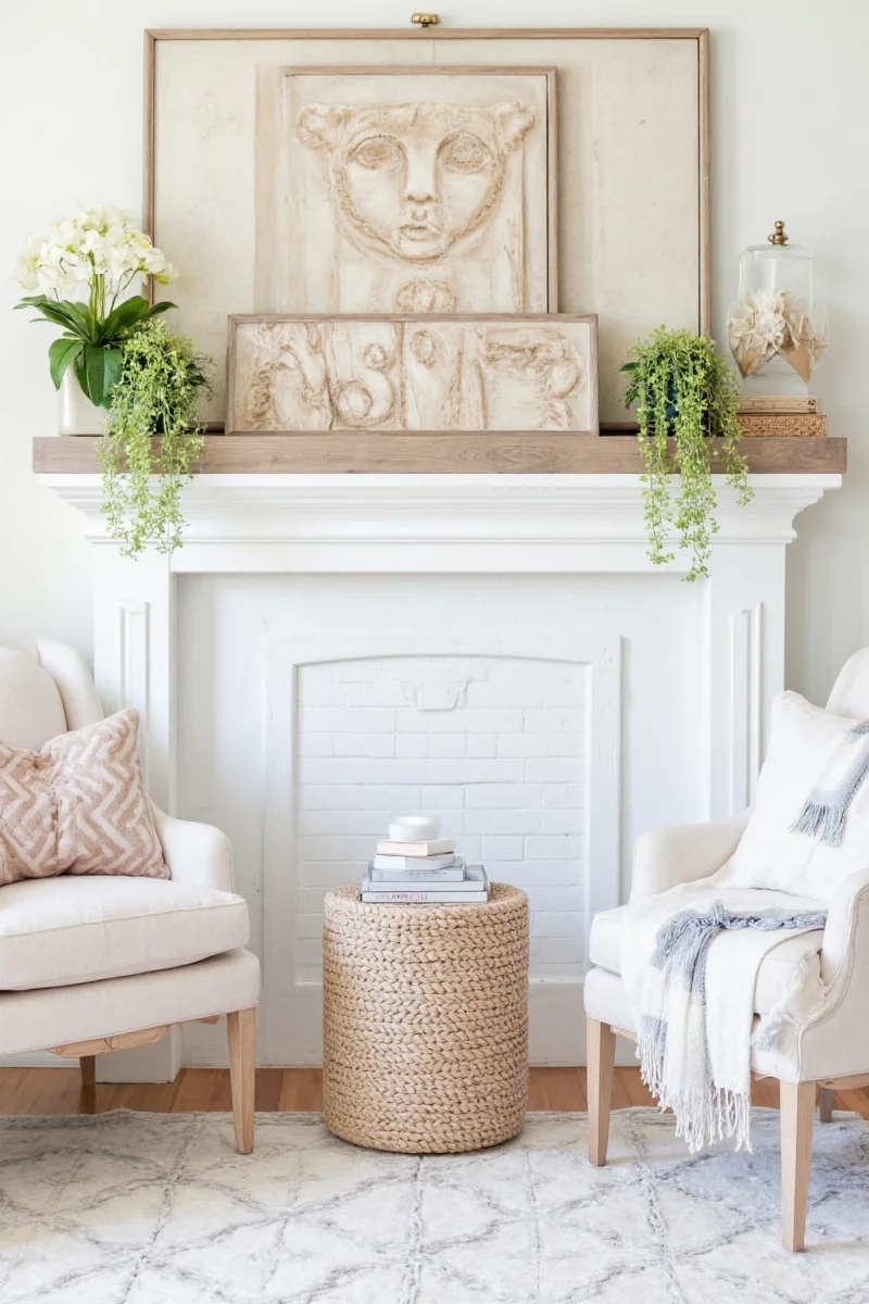 Mini wreath and framed art above mantel