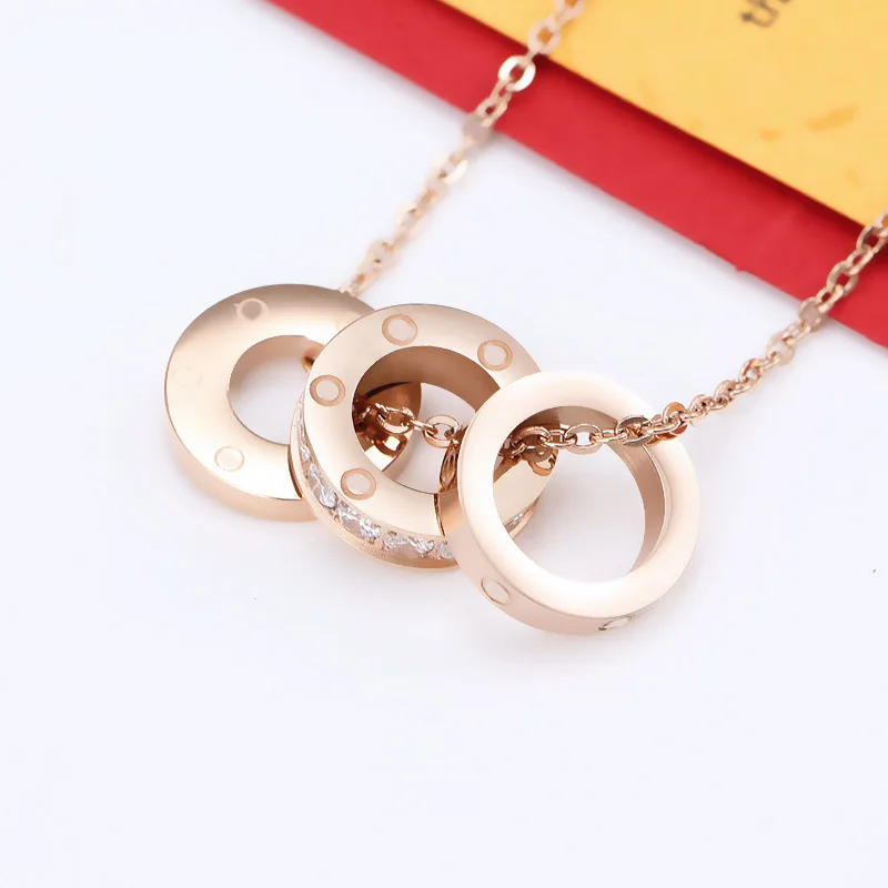 

Jessy Fashion 2021 Designer Brand Jewelry Necklace Stainless Steel Girls Women Chain Pendant 3 Three Triple Rings Necklace, As shown