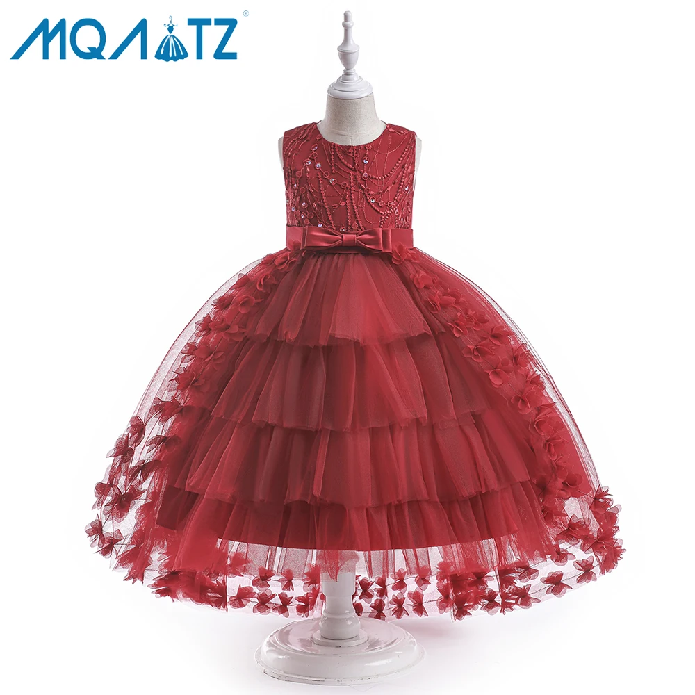 

MQATZ Summer Mesh Flower Girl Dress Ruffled Red Kids Bridesmaid Wedding Party Dresses T5399