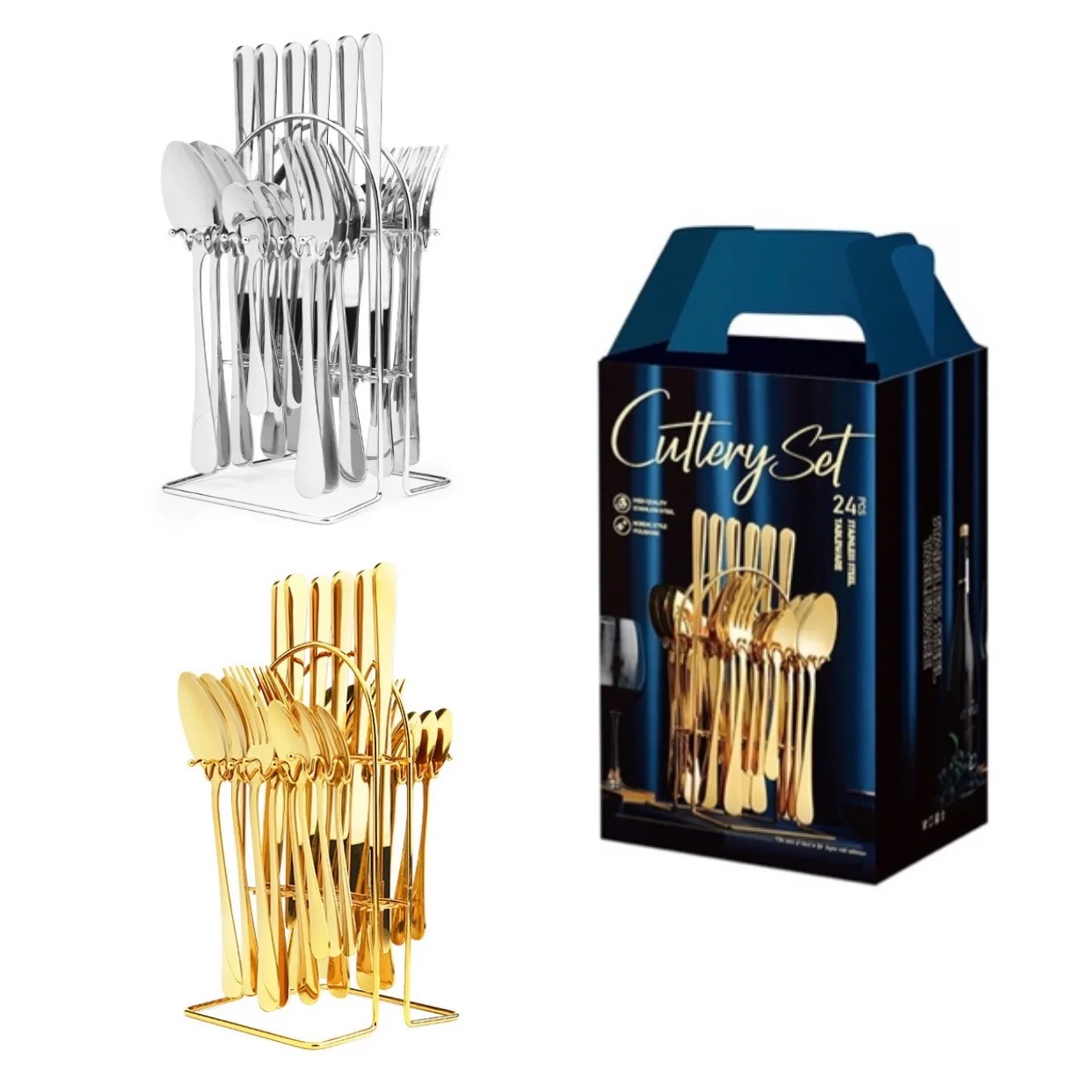 

25pcs Flatware Gift Set With Stand Stainless Steel Cutlery Set For Wedding Party, Silver/gold/black/silver with coloful handle/gold with colorful handle