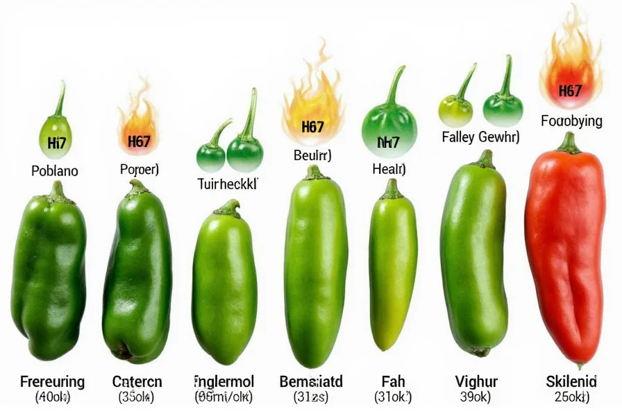 Comparison chart showing poblano pepper next to other common chili varieties with size and heat level indicators