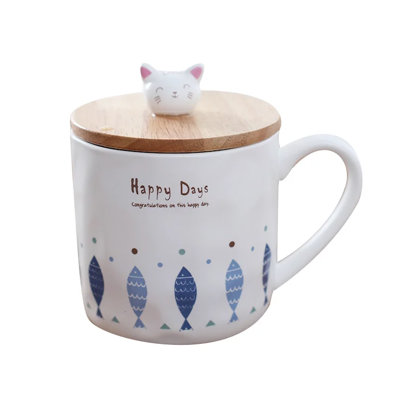 

High Quality White Ceramic Cat Fish Hand Printed Cute Cartoon Milk Mug Cup With Spoon and Wood Lid For Children, Customized color
