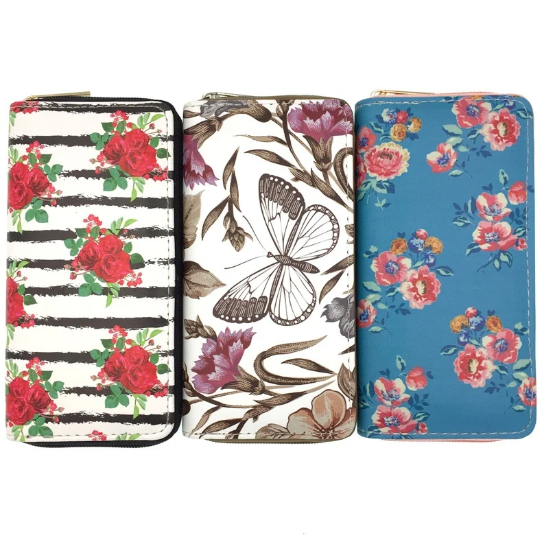

Hot sale fashion butterfly flower PU leather wallet student lady single pull bag coin purse certificate bag manufacturer