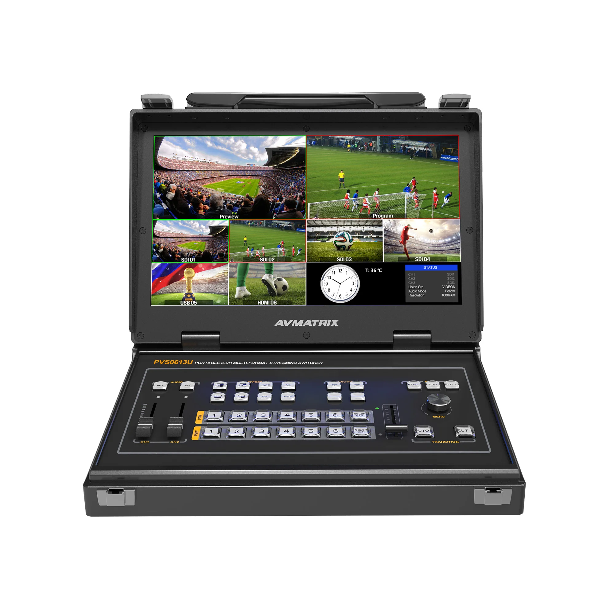 

AVMATRIX NEW PVS0613U Portable 6 Channel 4*SDI and 2*HDMI Inputs Multi-Format Streaming Switcher with 13.3 Inch IPS FHD Screen, Black