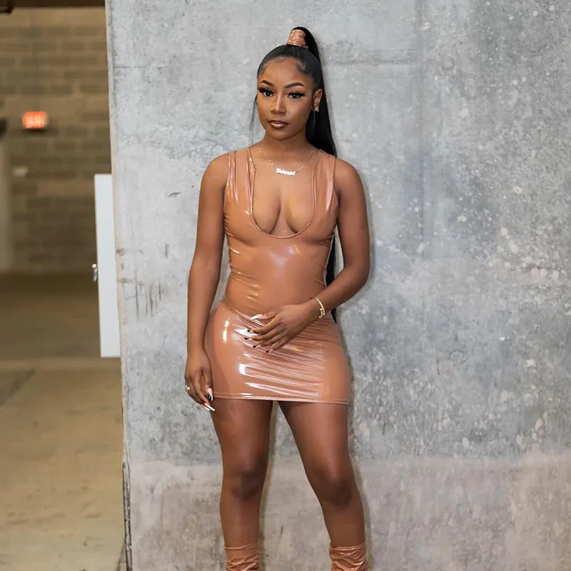 

Spring Hot Sale Sleeveless U-neck Pu Leather Dress Women's Clothing, Picture