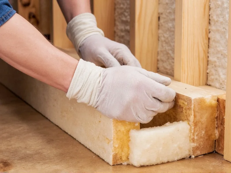 Hands installing mineral wool into wooden frame with gloves