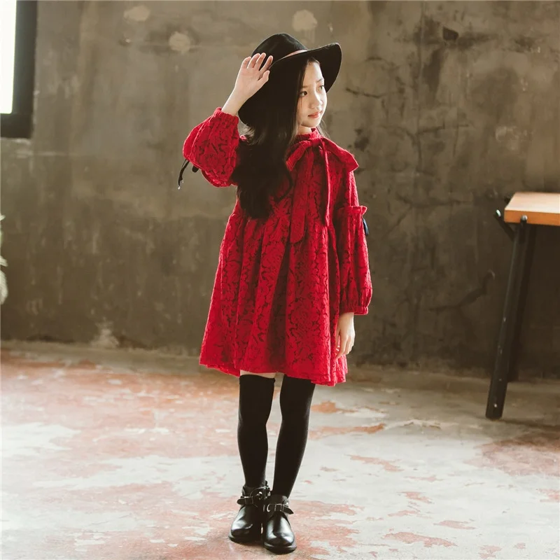 

B62468A Autumn/winter 2020 girls' Korean version with velvet sun girl's dress with lace embroidery and long sleeves, Red